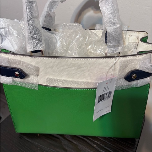 Kate Spade Green and White Tote with Navy Accents - Picture 4 of 5